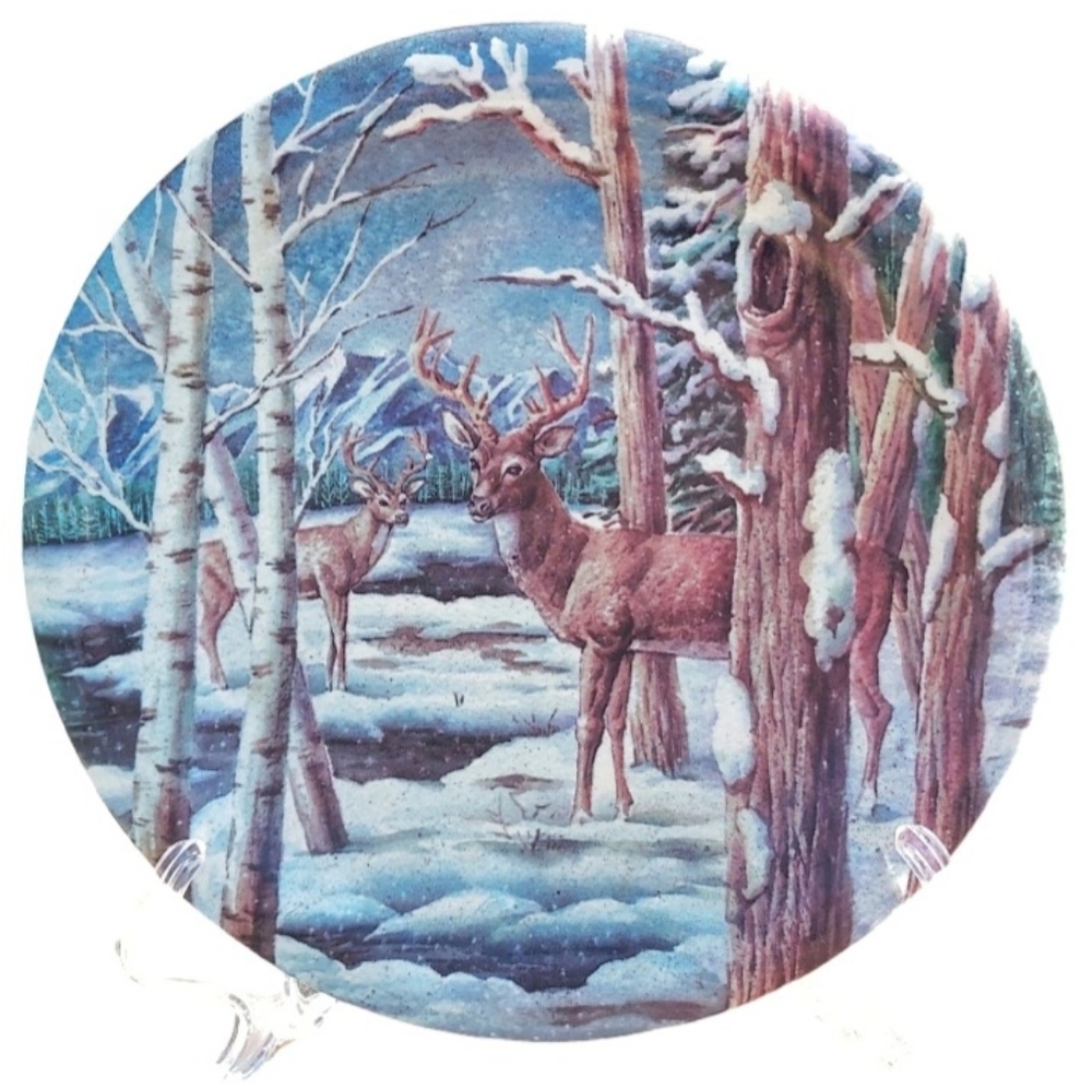Collectible Winter Duo deer plate with a snowy wilderness river scene